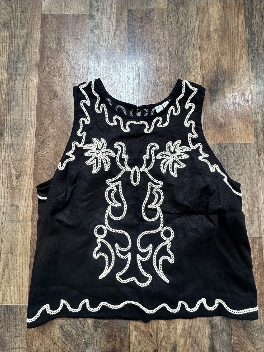 Joie Black Tank Top with White Embroidered Detail